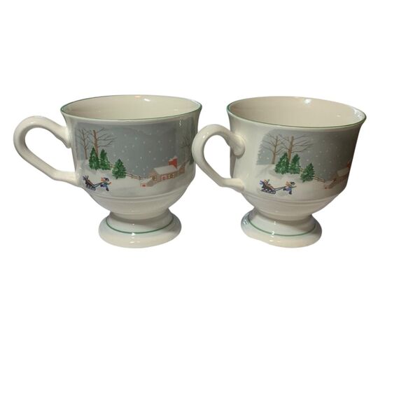 Sango Silent Night Footed Cup Mugs Christmas scene Skaters Set of 2 Cottagecore - Picture 1 of 9